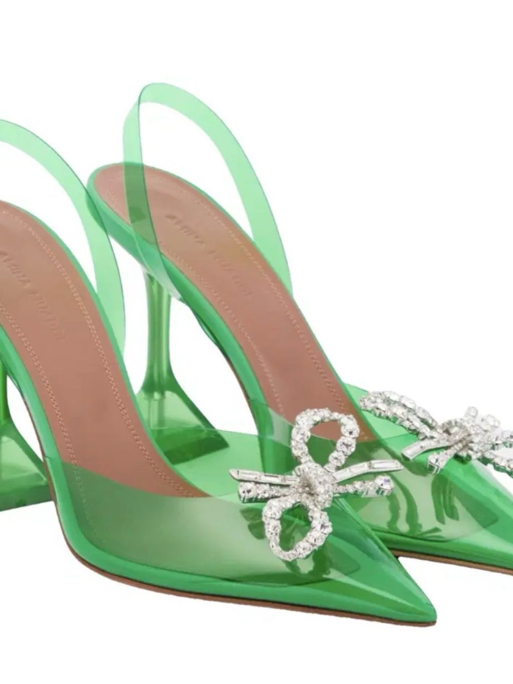 Amina Muaddi Emerald Patent Pointed Slingback Heels with Crystal Bow
